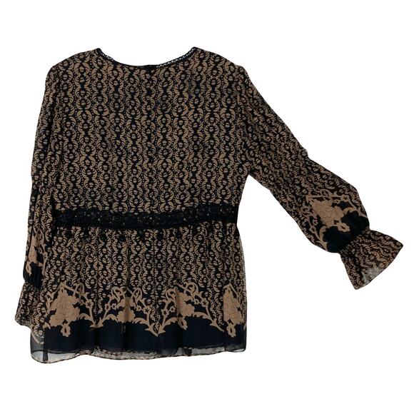 NANETTE LEPORE Blouse 10 Brown Silk Floral Crochet Pom Pom Long-Flare-Slv Lined - Picture 2 of 13